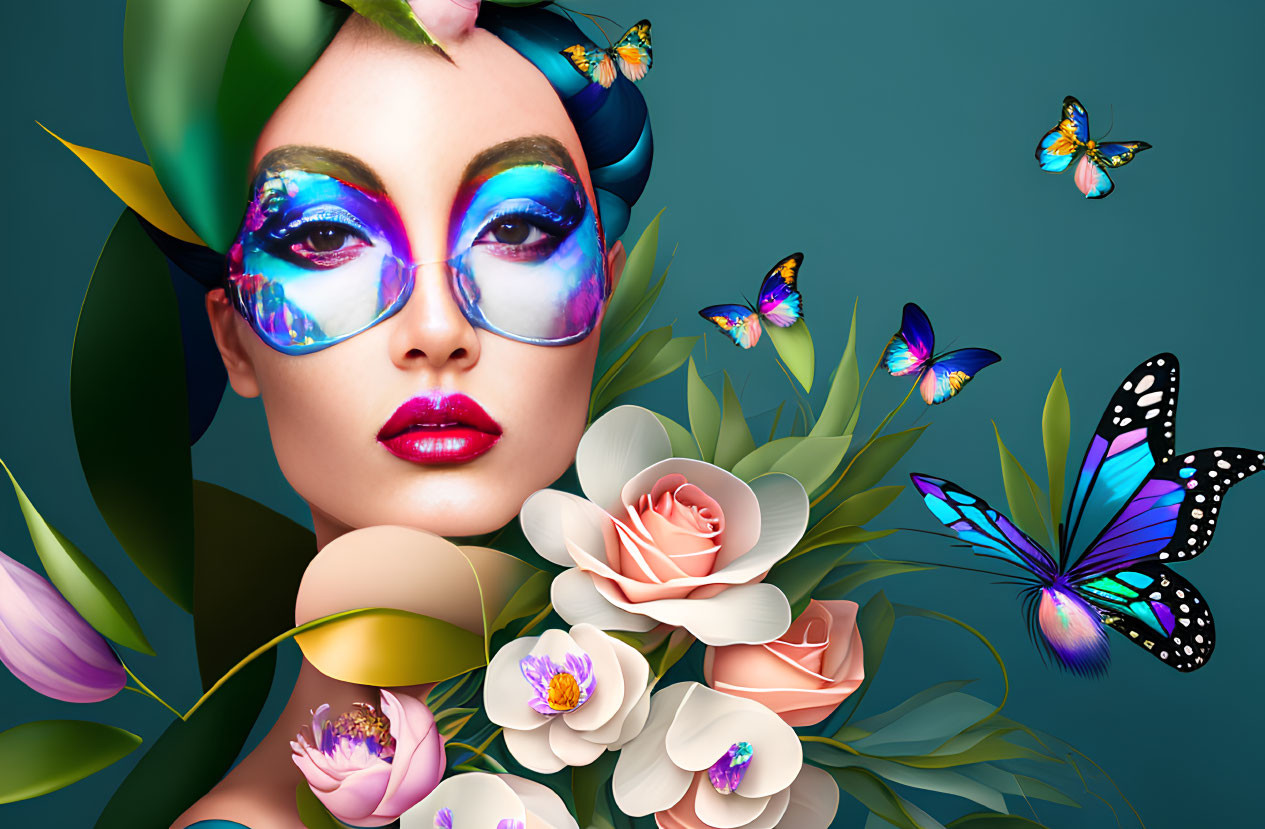 Colorful Butterfly-Themed Makeup Artwork with Woman and Butterflies