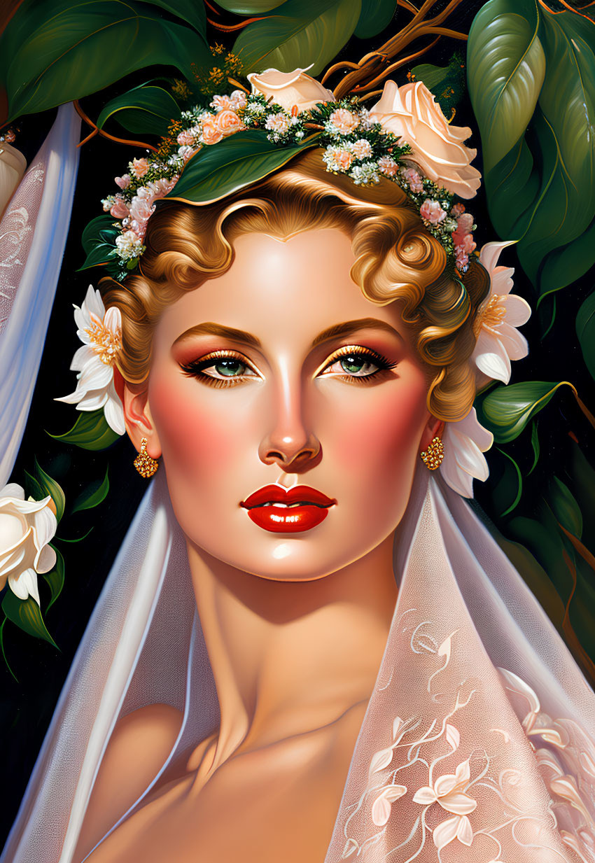 Illustrated portrait of a woman with floral headpiece and veil, showcasing makeup and stylized features in