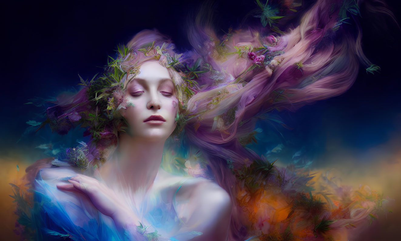 Ethereal woman with floral wreath and flowing hair on soft background