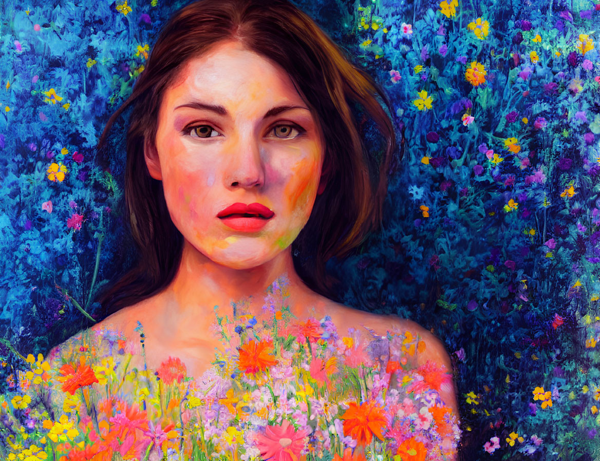 Striking-eyed woman emerges from vibrant blue and floral background