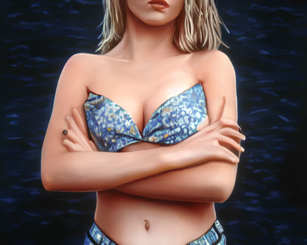 Blonde woman in blue bikini with crossed arms on dark blue background