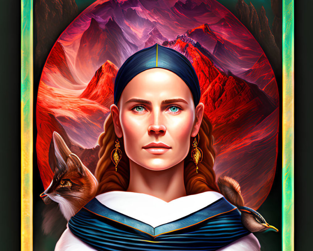 Digital portrait of woman with braided hair and fox in ornate frame against mountain backdrop