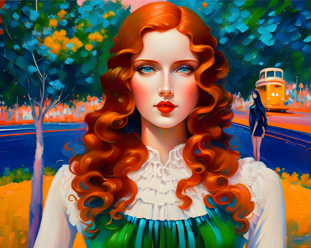 Vibrant illustration: woman with long red hair and blue eyes in colorful setting