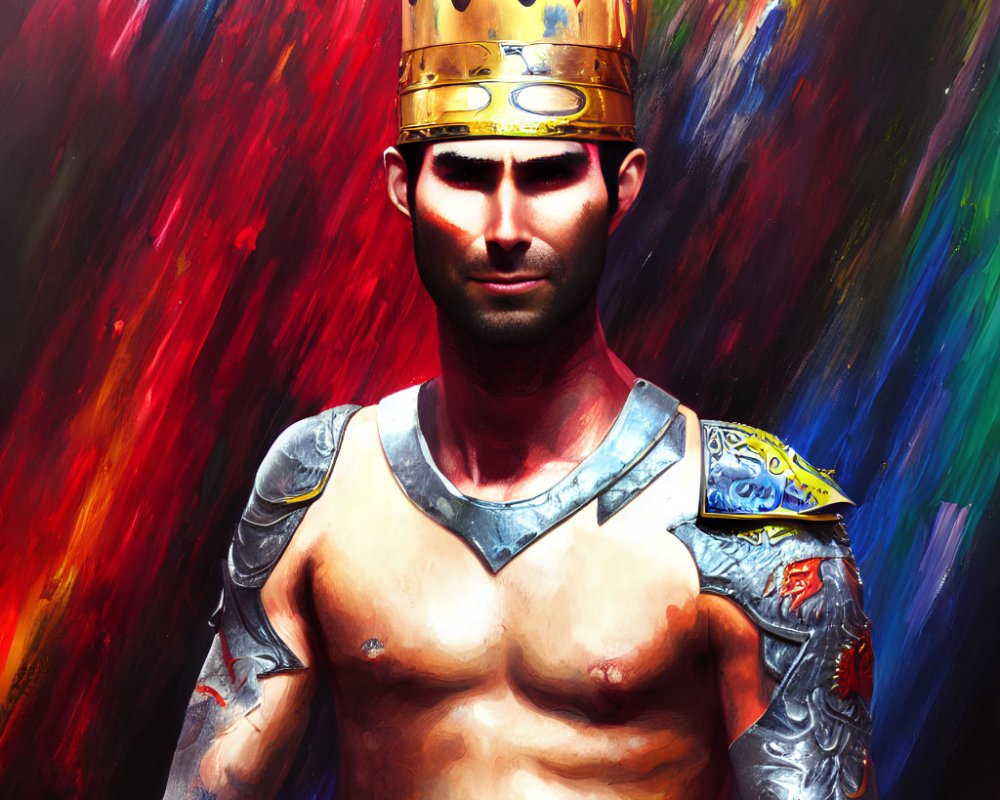 Muscular man with crown and armor on vibrant background