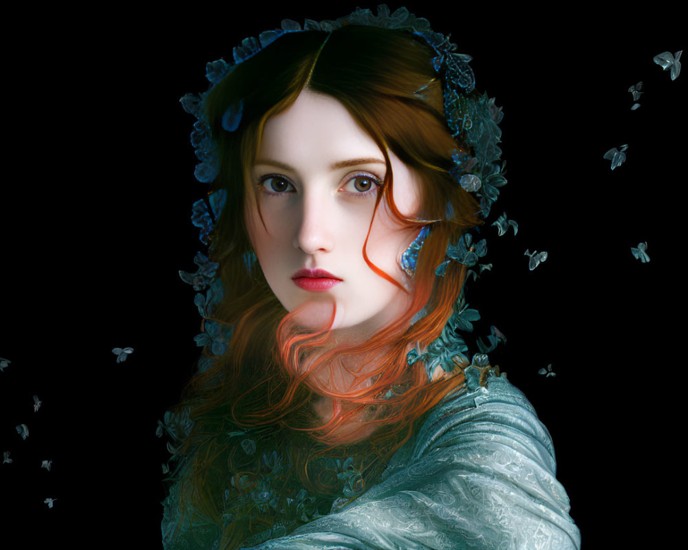 Red-haired woman in blue hooded garment with butterflies on dark background