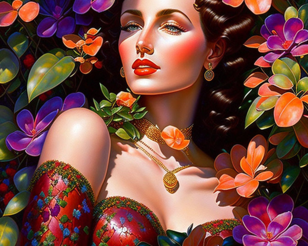 Portrait of woman with dark hair amid vibrant flowers, adorned with floral patterns and bright makeup.