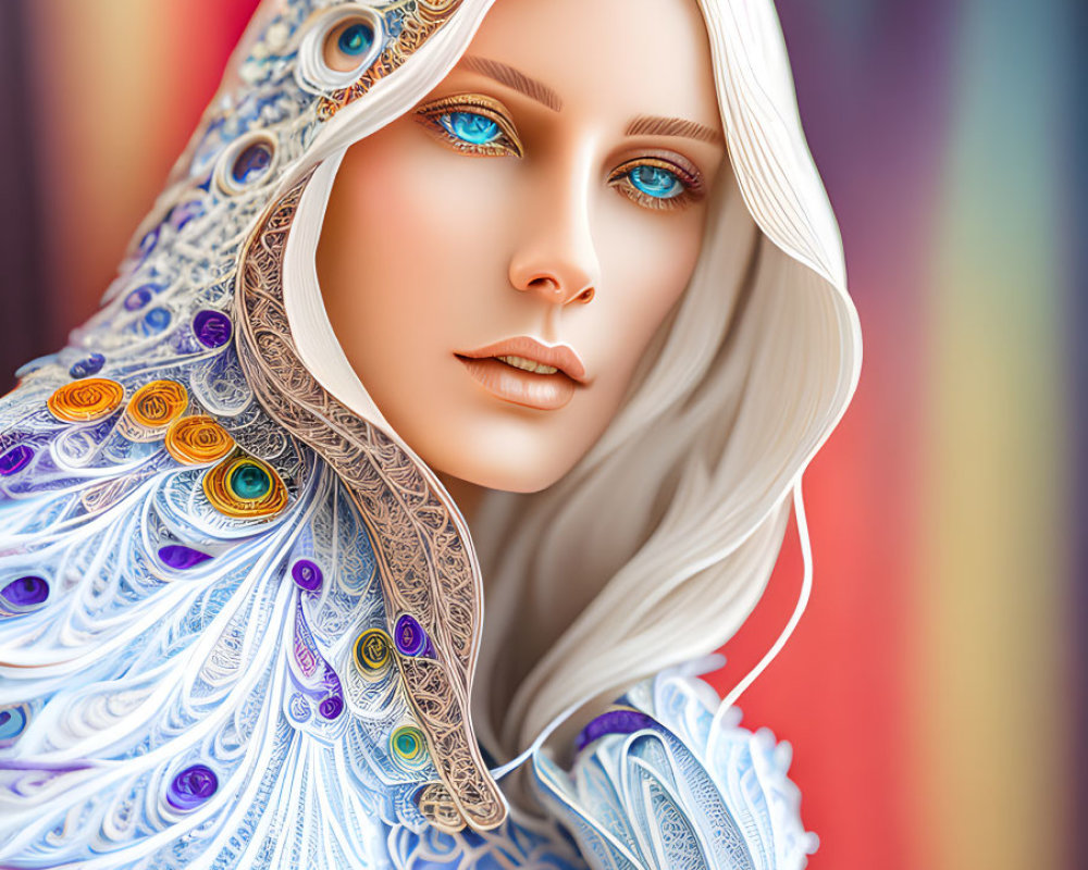 Digital Artwork: Woman with Blue Eyes in White Hood with Gold and Jewel Accents