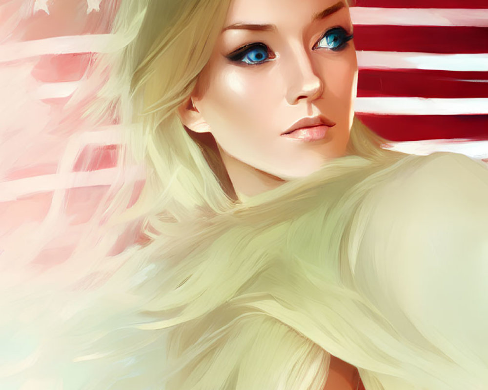 Blonde Woman in Red Clothing on American Flag Background