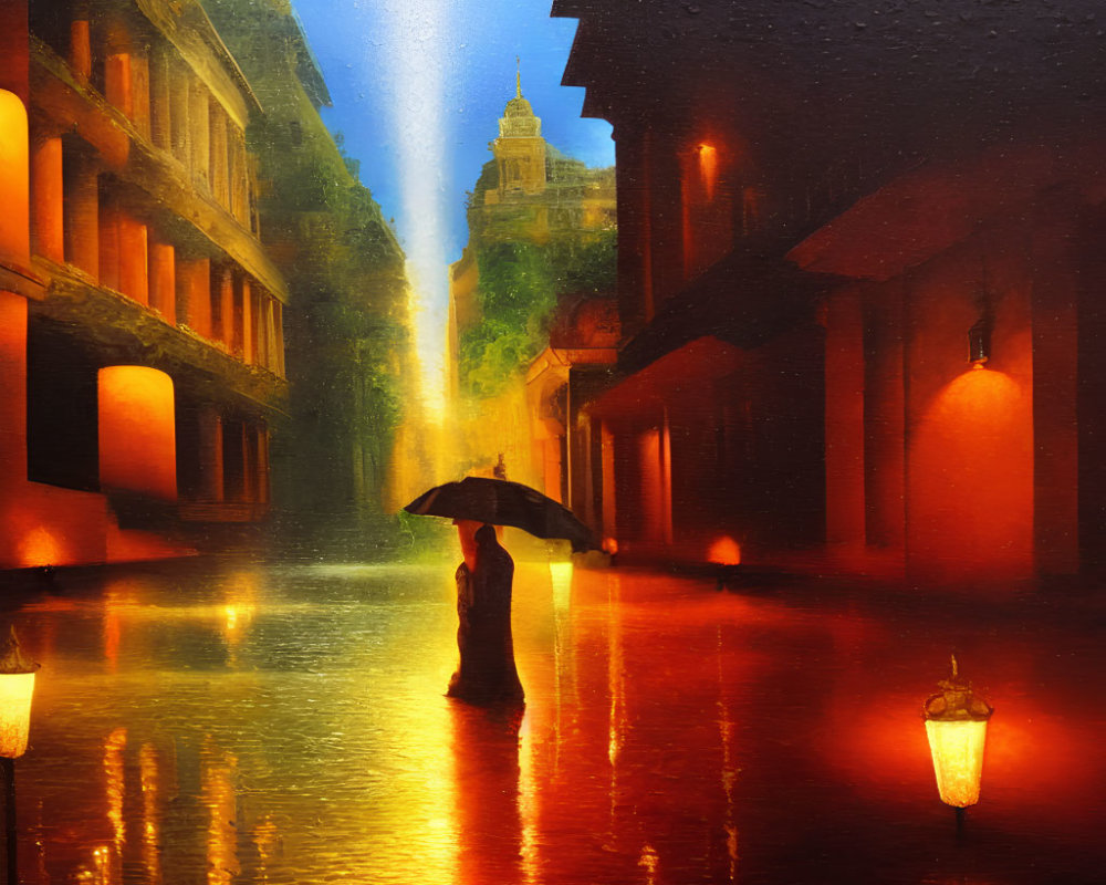Person with umbrella walking on rain-soaked street at night under lampposts