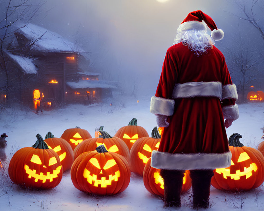 Santa Claus surrounded by jack-o'-lanterns on snowy night with full moon