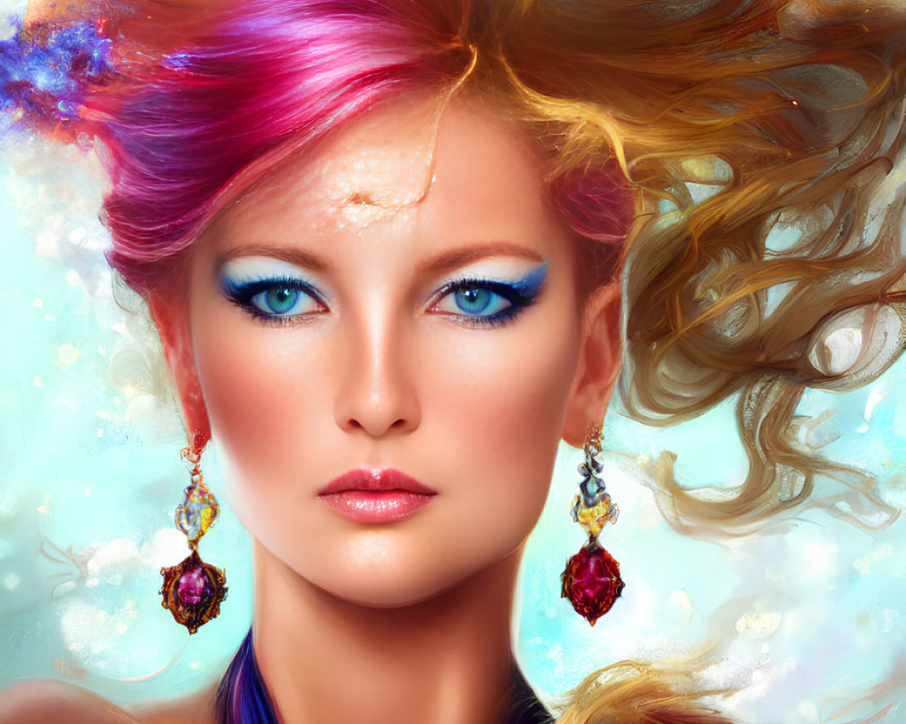 Vibrant multicolored hair and blue eyes portrait against soft blue background