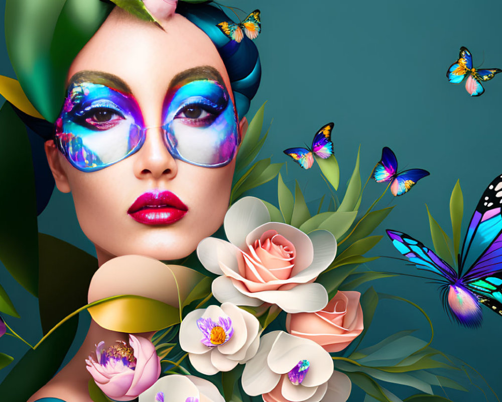 Colorful Butterfly-Themed Makeup Artwork with Woman and Butterflies