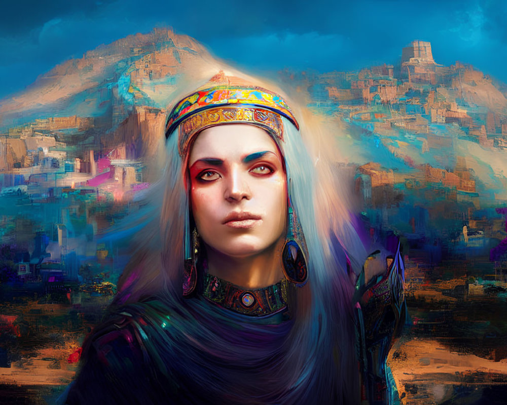 Digital painting of woman with red eyes in colorful headband against mystical mountain ruins