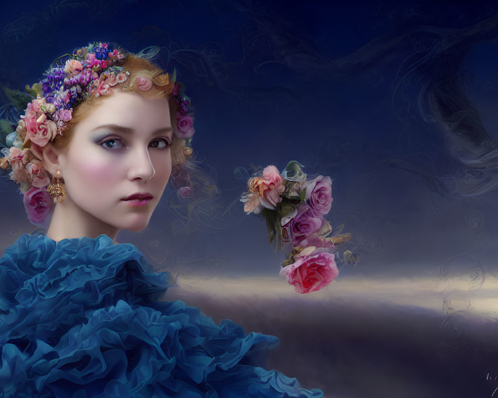 Woman with Floral Headpiece Gazing at Twilight Sky with Floating Bouquet