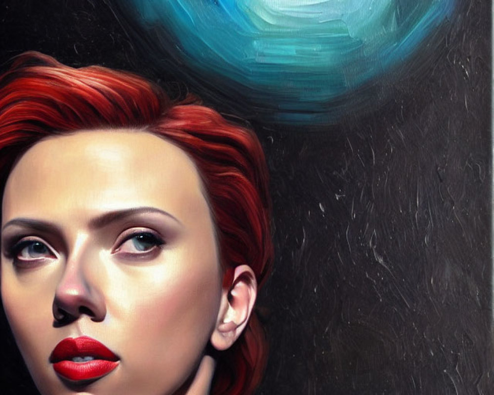 Short Red-Haired Woman with Striking Makeup Against Abstract Background