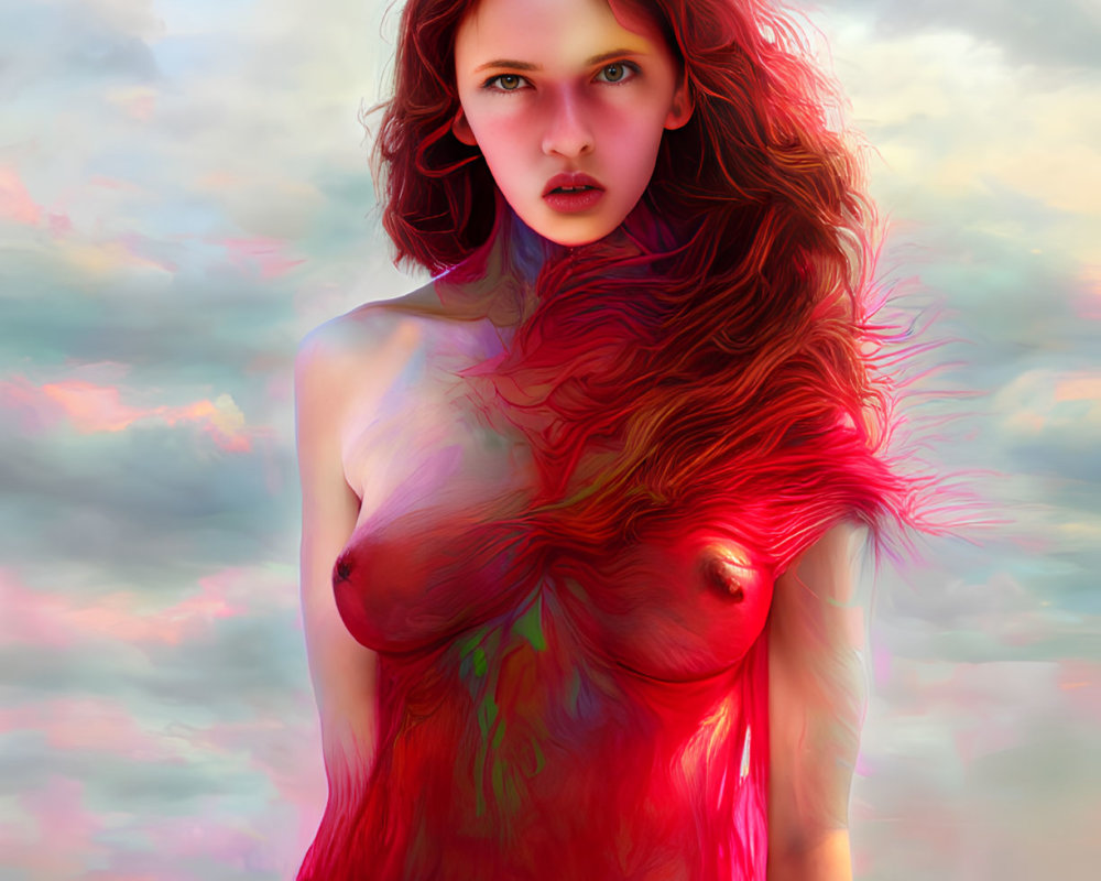 Vibrant digital artwork of woman with flowing red hair against soft pink and blue sky