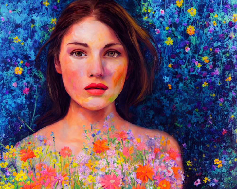 Striking-eyed woman emerges from vibrant blue and floral background