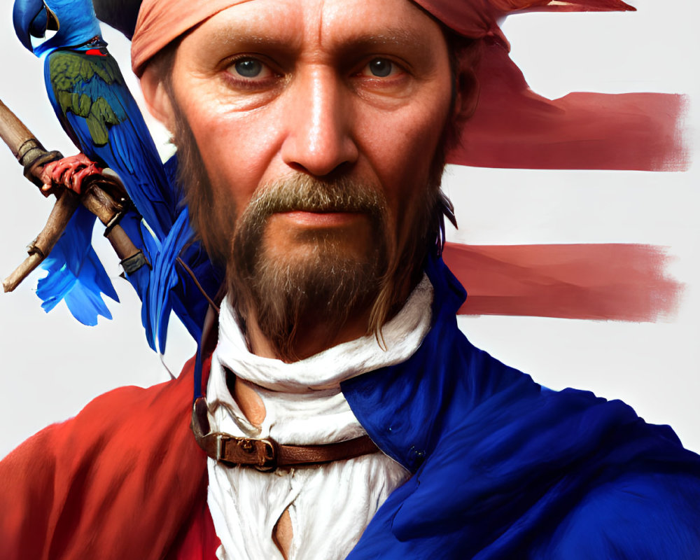 Digital art portrait of pirate with parrot, red bandana, blue coat, intense gaze