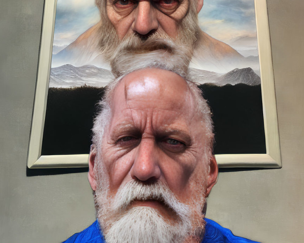 Elderly man with white beard sitting under stern portrait against mountain backdrop
