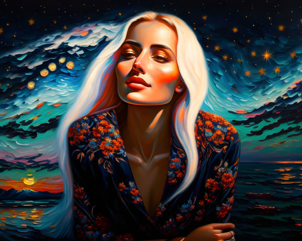 Stylized portrait of woman with white hair against starry night sky and sunset seascape