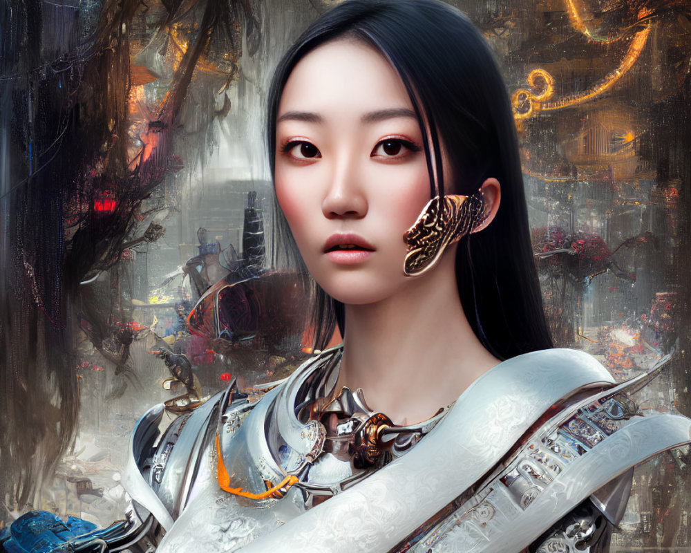 Futuristic digital artwork of woman in armor with gold earring
