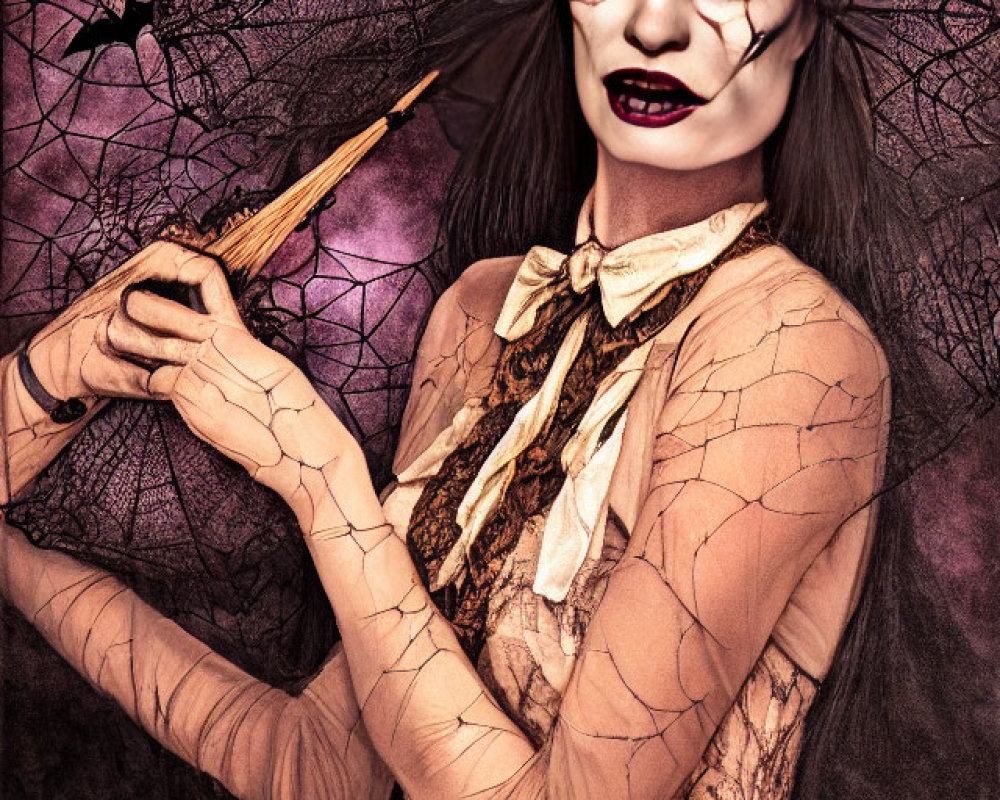 Spooky makeup with cracked skin, witch hat, wand, spiderwebs, and darkness.