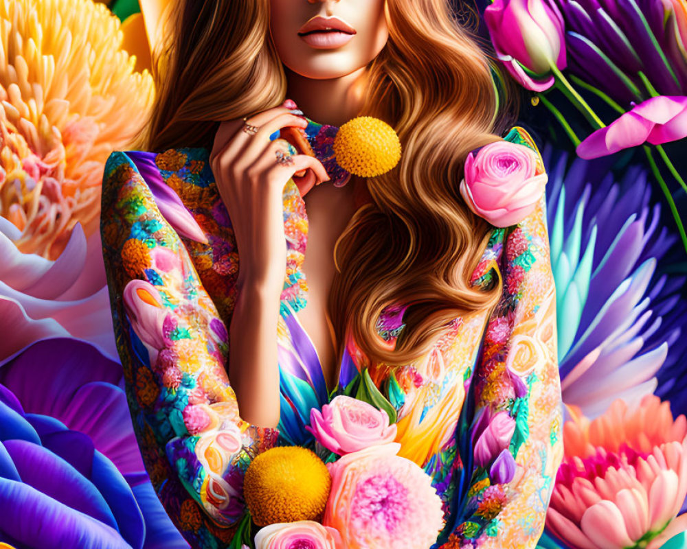 Colorful digital artwork: Woman with flowing hair among vibrant flowers
