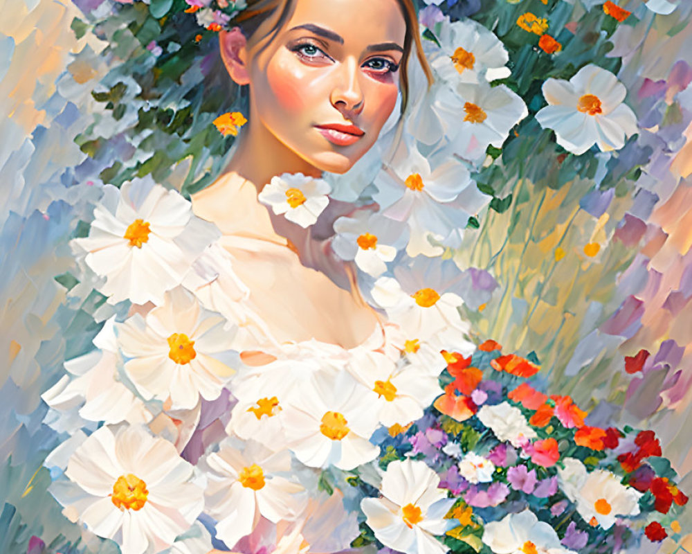 Colorful painting of woman with flowers, serene expression