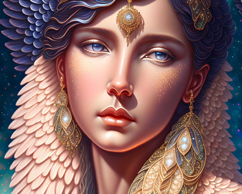 Detailed Fantasy-Themed Woman Artwork with Jewelry and Feathers