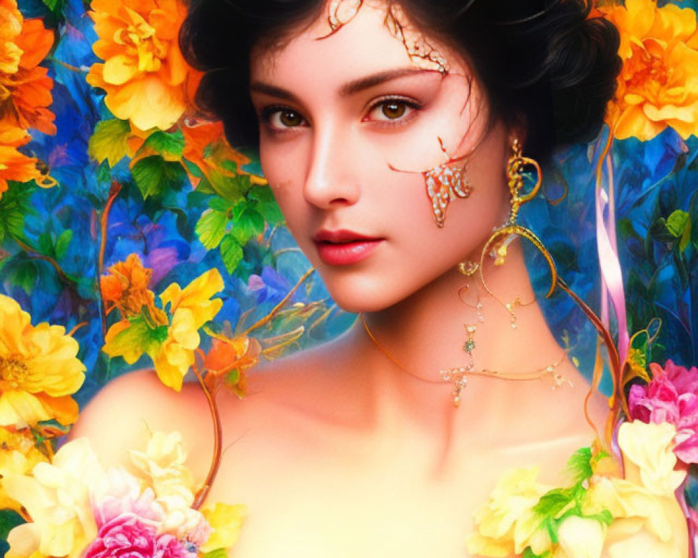 Woman adorned with gold facial jewelry among vibrant flowers in yellow and orange hues, against a blue backdrop