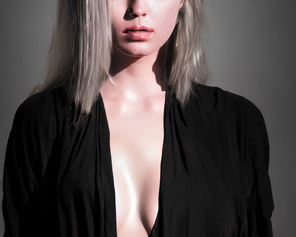 Blonde woman with green eyes in open black shirt on grey background
