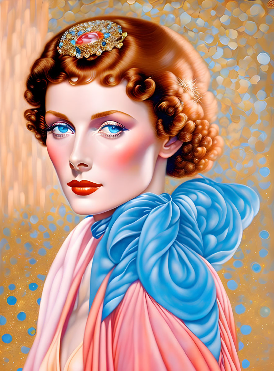 Stylized woman illustration with jeweled headpiece and draped blue garment