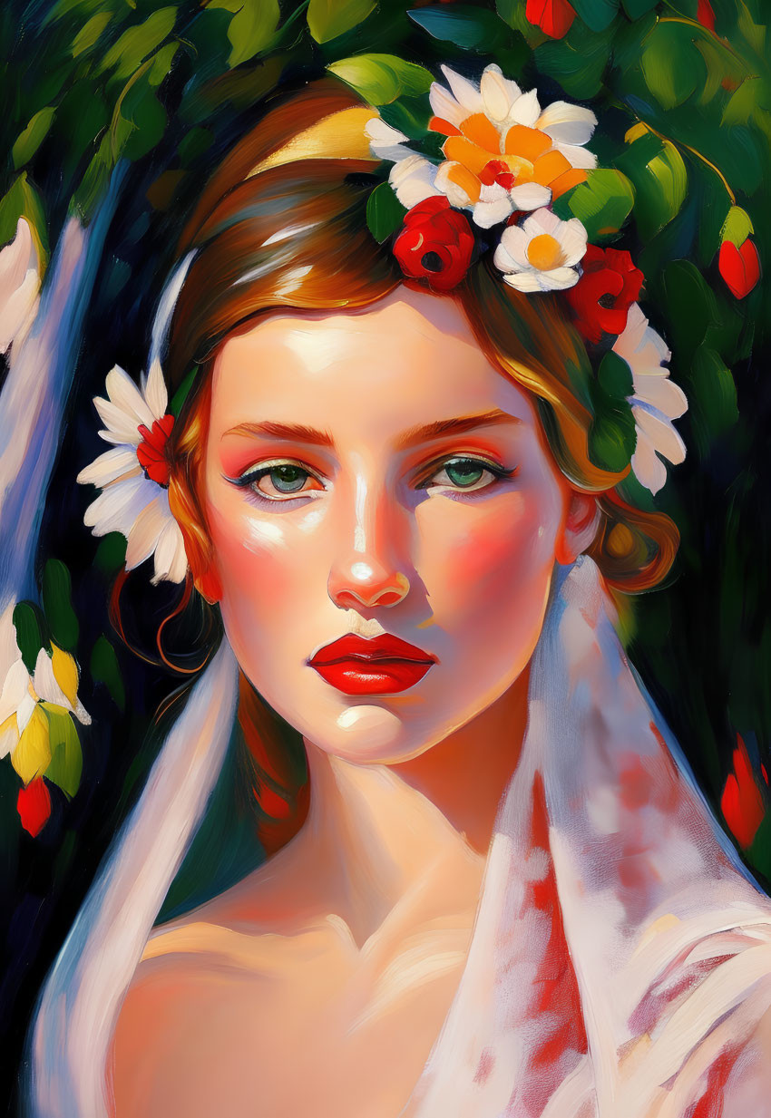 Colorful Portrait of Woman with Floral Headpiece and Dramatic Lighting