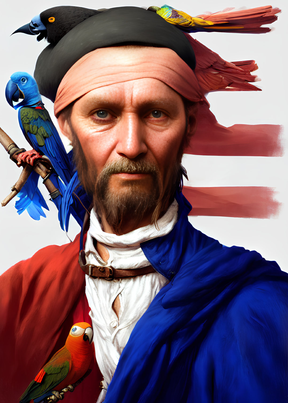 Digital art portrait of pirate with parrot, red bandana, blue coat, intense gaze