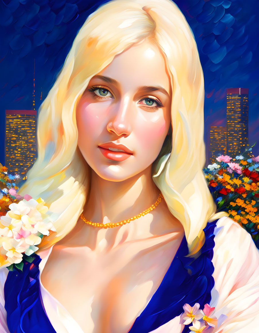 Illustrated portrait of a blonde woman with blue eyes in blue top, holding flowers, against cityscape