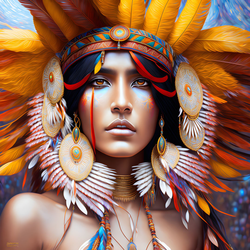 Digital illustration of woman with feathered headdress, face paint, and jewelry on bokeh background