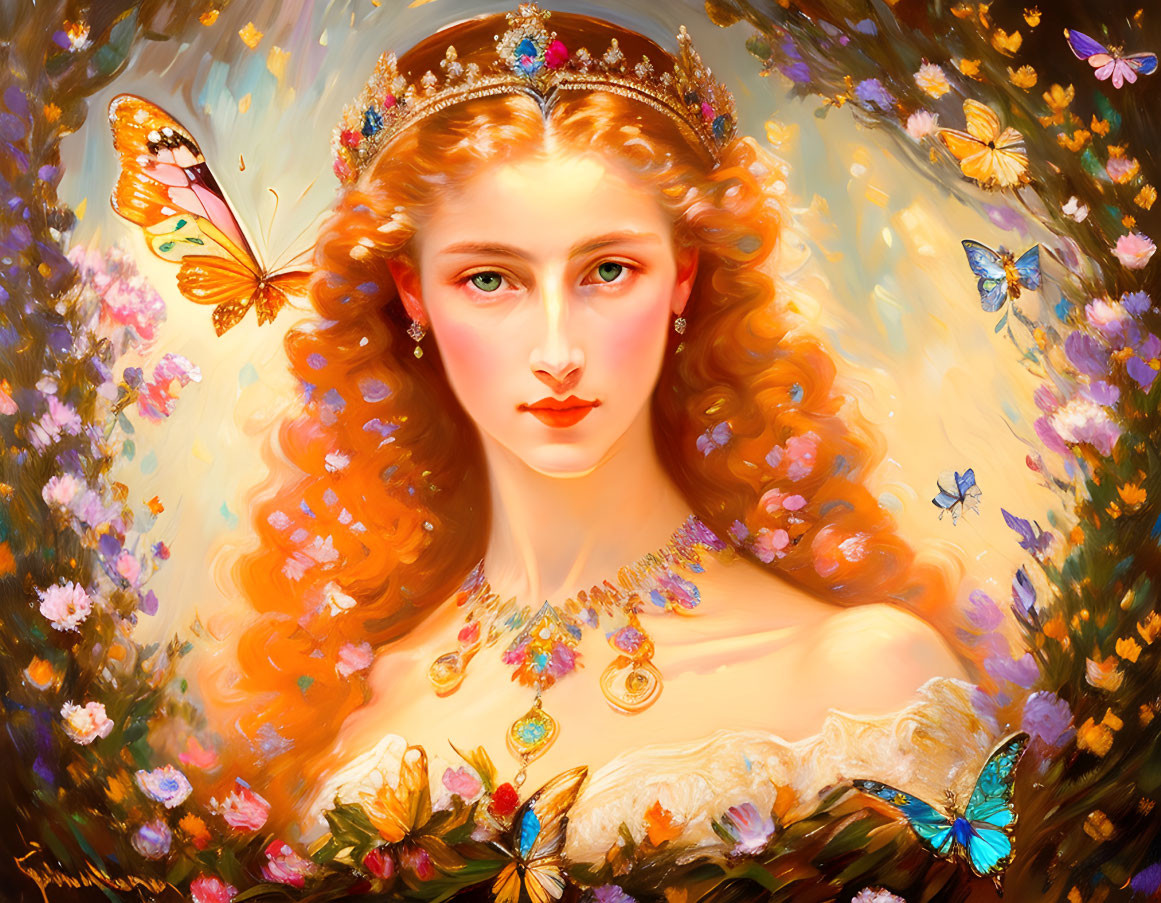 Regal woman with jeweled tiara, surrounded by butterflies and flowers