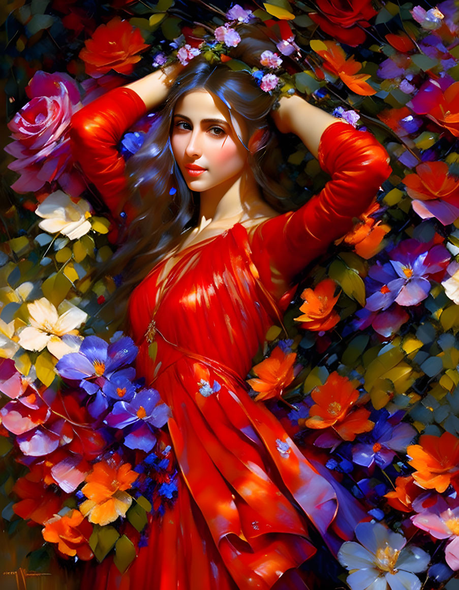 Woman in Red Dress Surrounded by Vibrant Floral Background