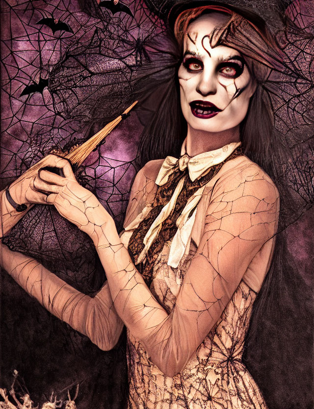 Spooky makeup with cracked skin, witch hat, wand, spiderwebs, and darkness.