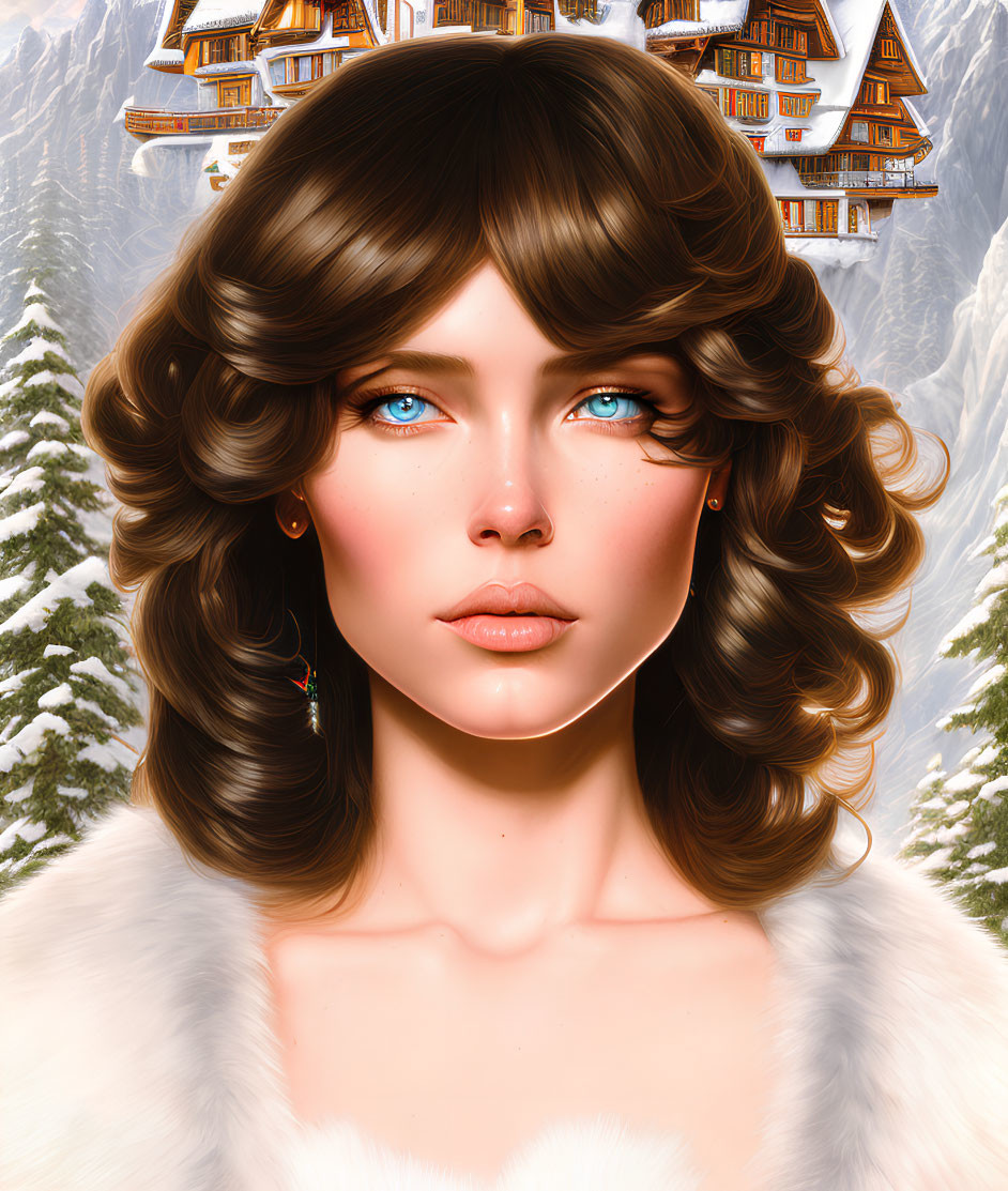 Digital portrait of woman with brown hair and blue eyes in white fur against snowy chalet.
