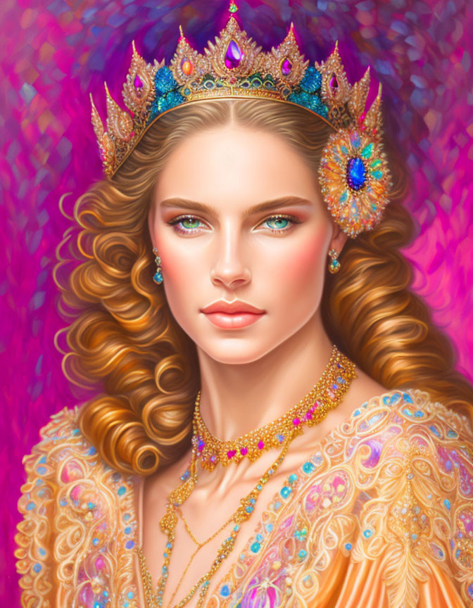 Regal woman with wavy hair in jeweled crown and orange attire on pink background