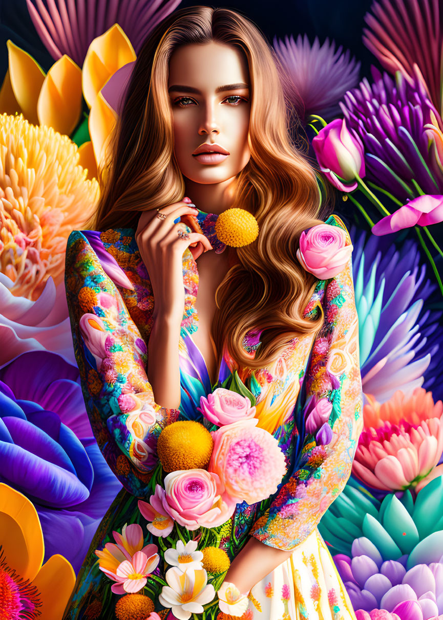 Colorful digital artwork: Woman with flowing hair among vibrant flowers