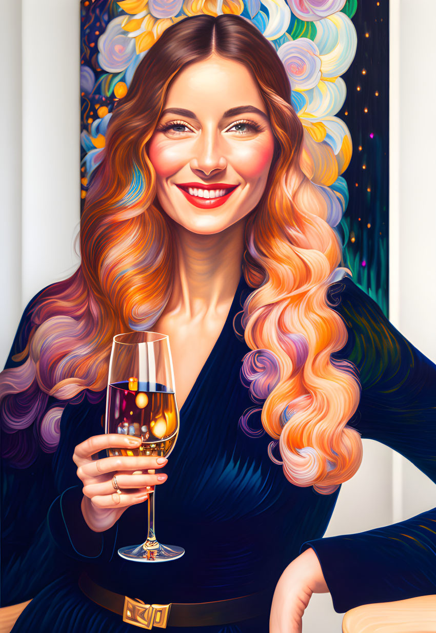 Smiling woman with colorful wavy hair holding champagne glass in dark blue outfit