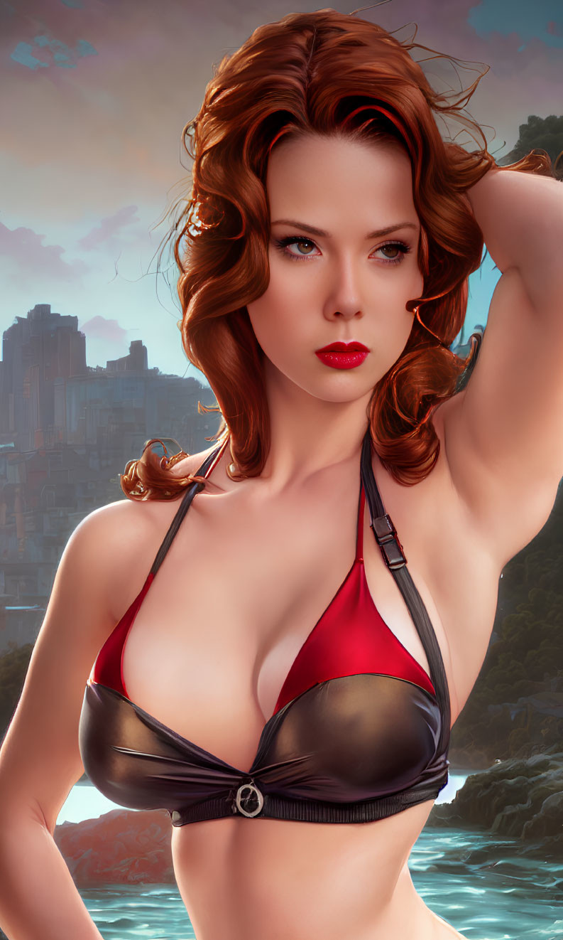 Red-haired woman in black and red bikini against cityscape backdrop