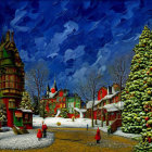 Snowy night painting of quaint town with Christmas tree & colorful buildings