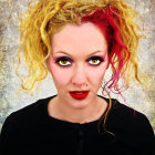 Colorful digital portrait of a woman with flowing multicolored hair and bold makeup featuring a third eye