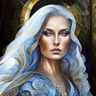 Detailed digital art: Woman with blue skin in ornate gold and blue attire