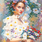 Colorful painting of woman with flowers, serene expression