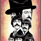 Vertical Stylized Band Portrait with Hats and Mustaches on Pink Background