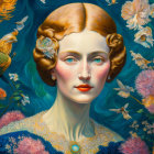 Stylized portrait of woman with wavy hair and vibrant flora and fauna